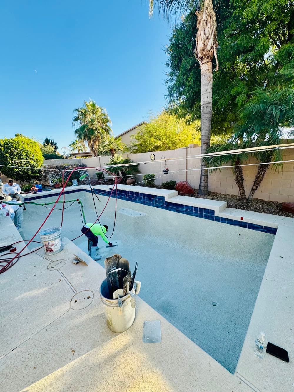 Swimming pool cleaning in a sunny backyard with landscaping and palm trees. Tools scattered nearby.